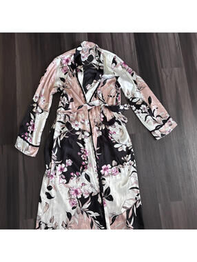 Vintage Linea Donatella Floral Satin Long Robe 90s Y2K Pink Black Size S/M